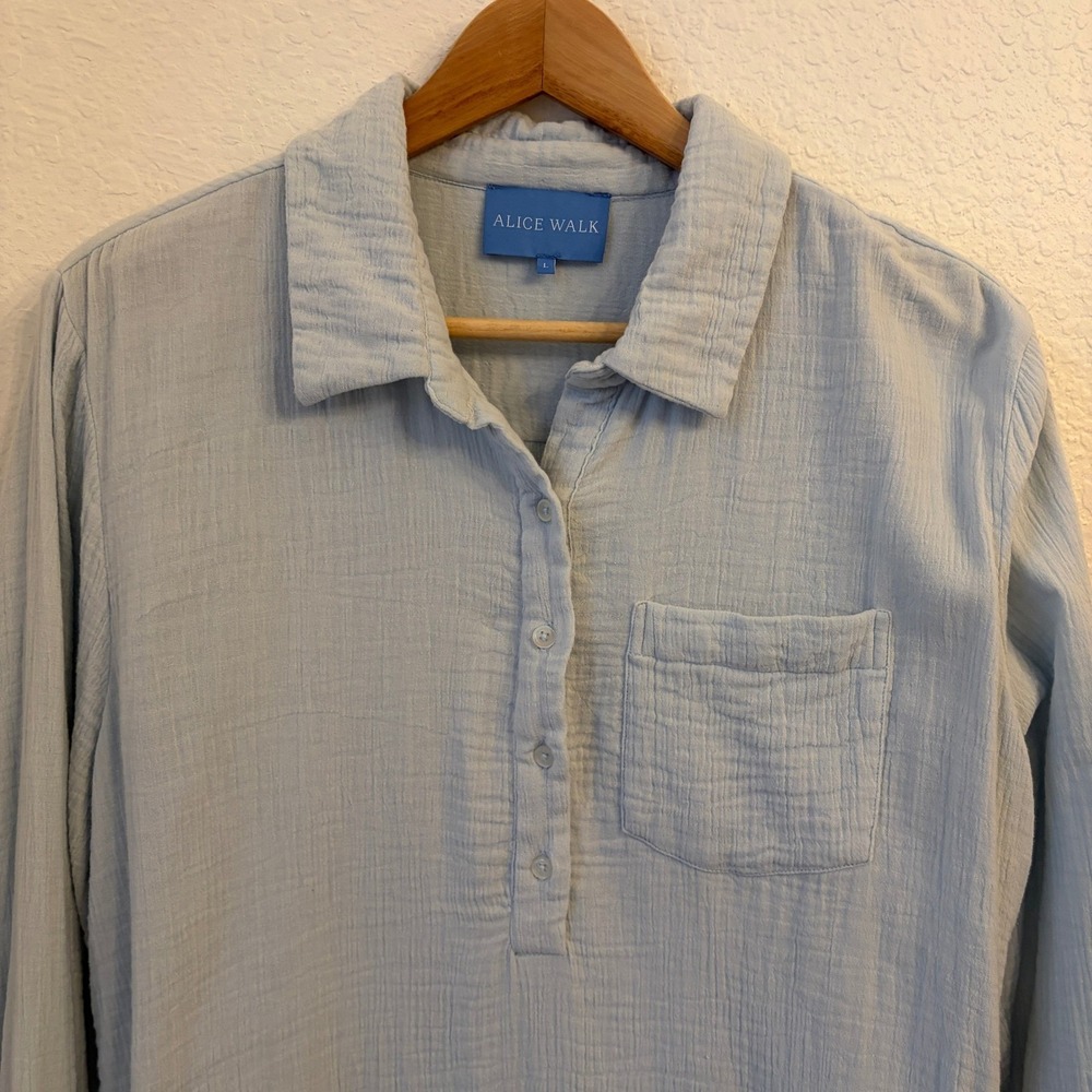 Alice Walk Cotton Gauze Shirt Dress L Coastal Beach Nautical Cover Up Light Blue - Picture 4 of 10